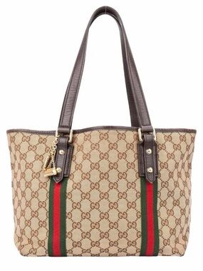 Gucci Beige GG Canvas Tote with Green and Red Web Stripe and Brown Leather